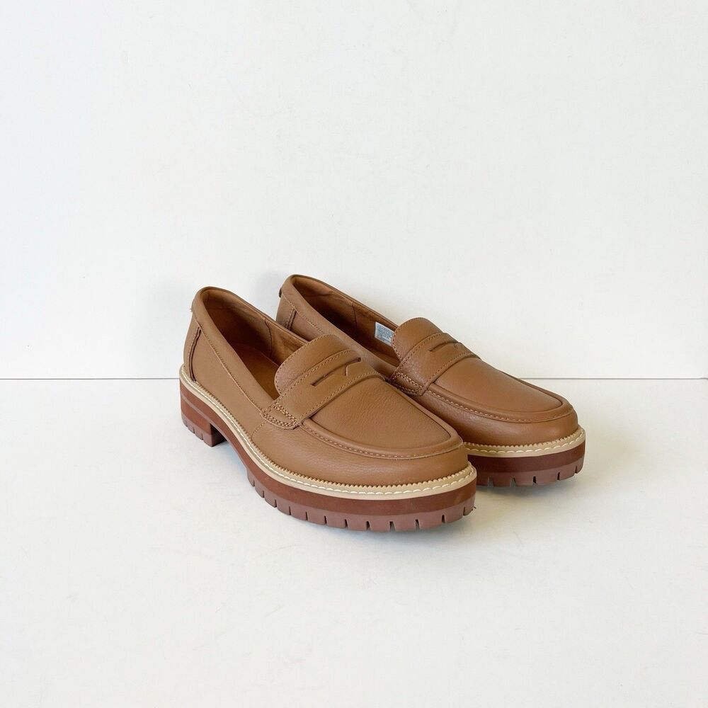 TOMS Cara Slip On Lug Platform Penny Loafers Flats Leather Camel Brown Size 9.5 - Picture 2 of 14